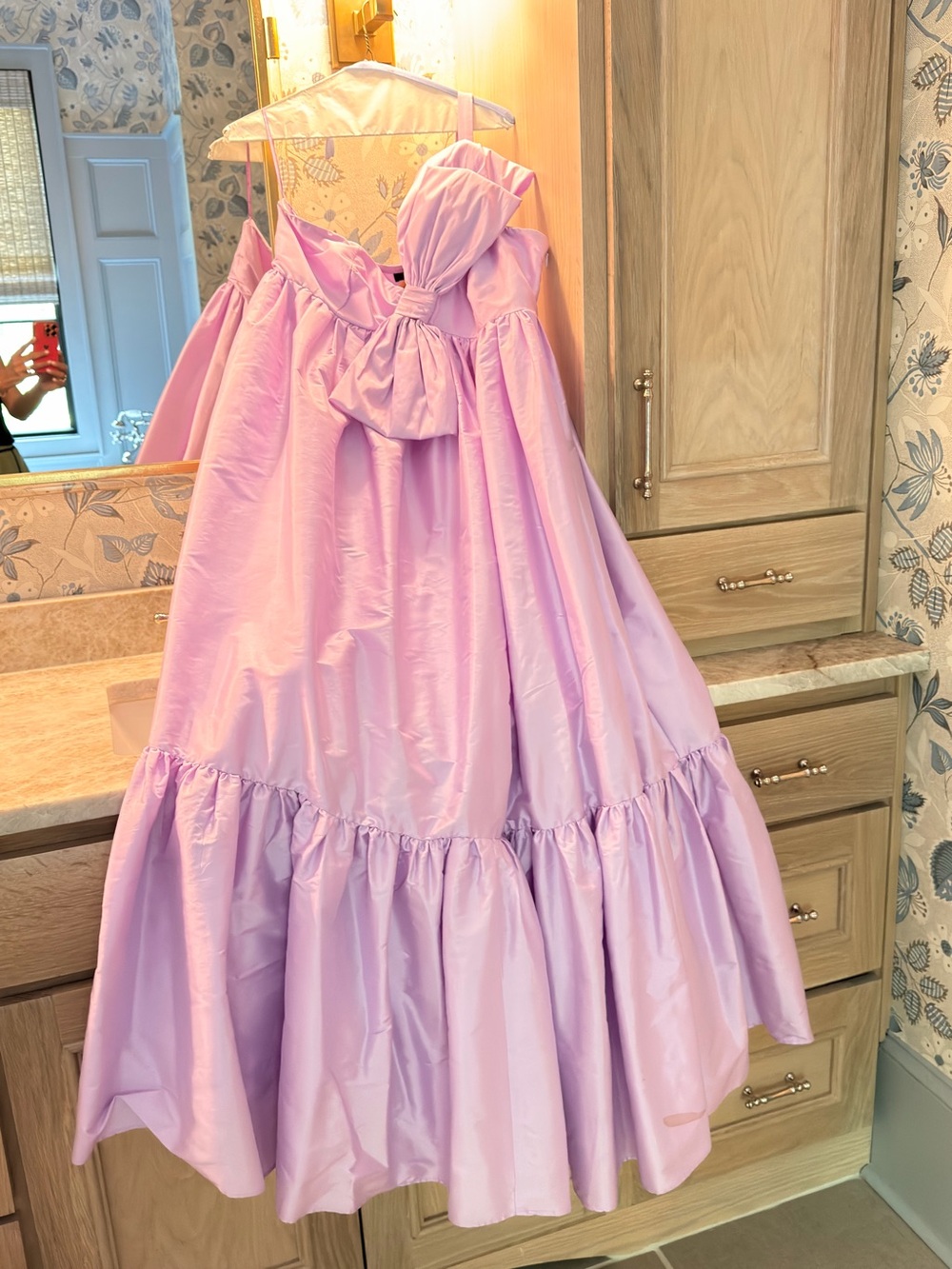 Purple Strapless Ruffled Ball Gown with Bow Detail